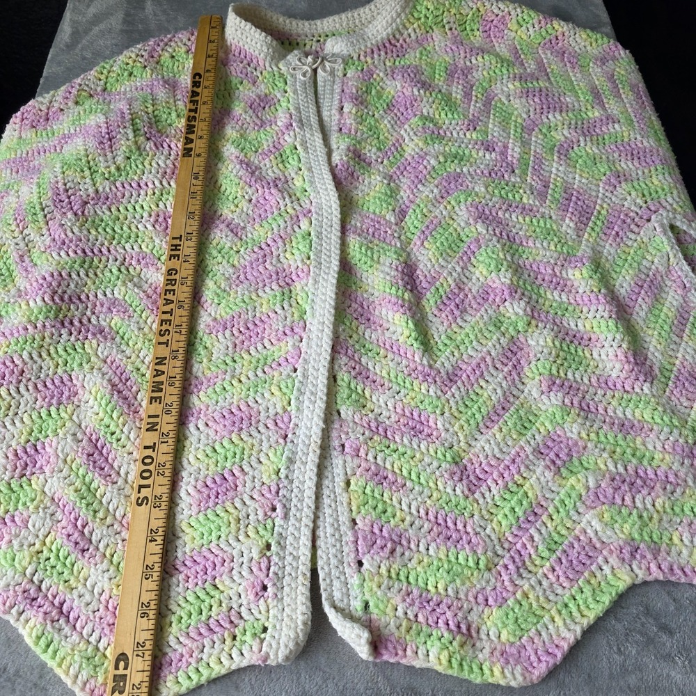Hand Knit Crochet Sweater Poncho Women OS Green Pink Cottagecore Granny - Picture 2 of 4
